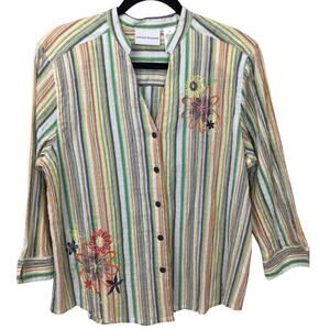 Alfred Dunner Hippie Striped Split Neck Grannycore Embroidered 3/4 Sleeve 14